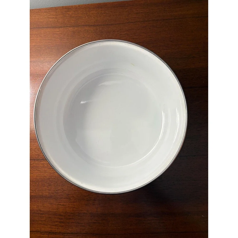 Vintage White Enamelware Nesting Bowls Blue Sponge Heart Pattern Country Cottage